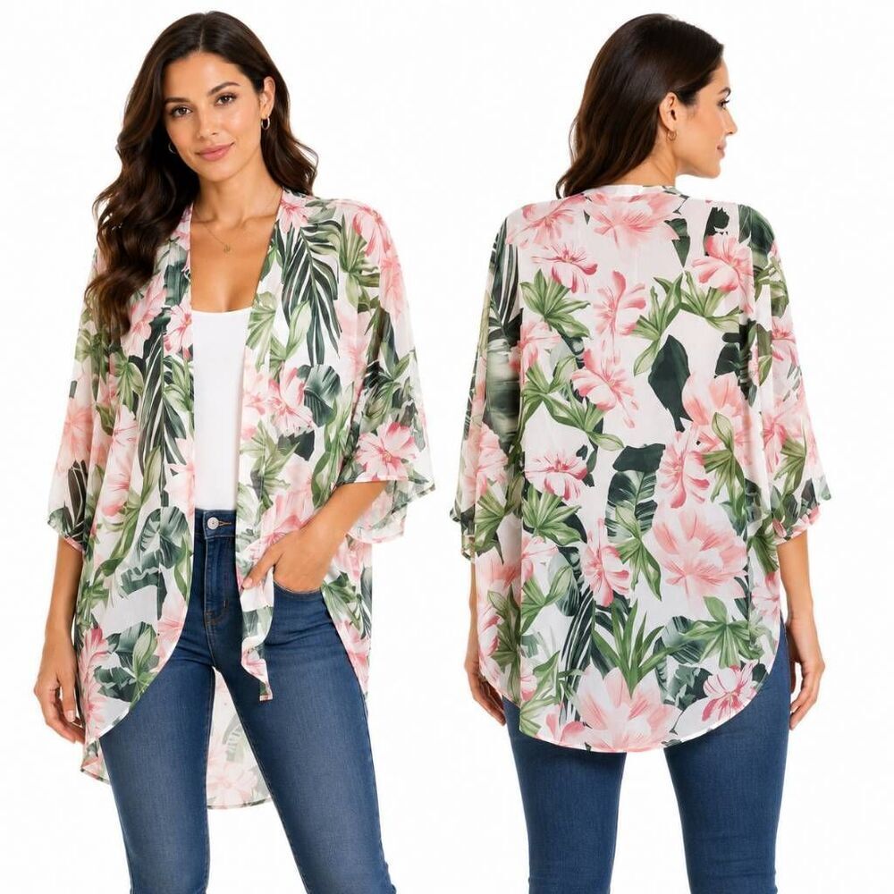 Women’s Floral Sheer Kimono Cardigan Size Small Open Front Tropical Print Chiffo